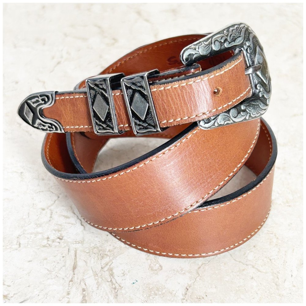 Talbots Brown Leather Belt Size M Tooled Silver Buckle Keeper Tip Tapered